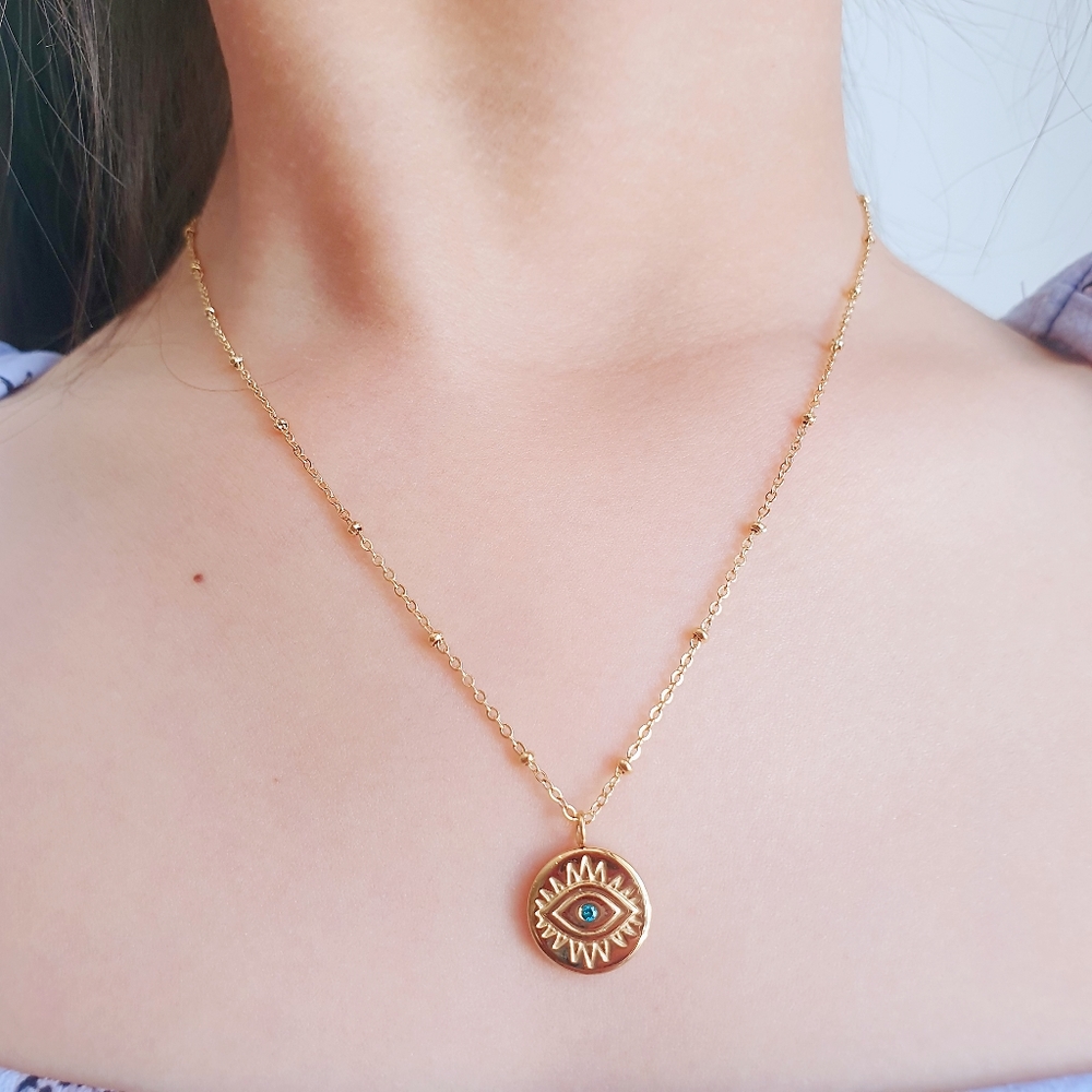 Water Resistant 18ct Gold Evil Eye Ball Beaded Necklace - Picture 4 of 4